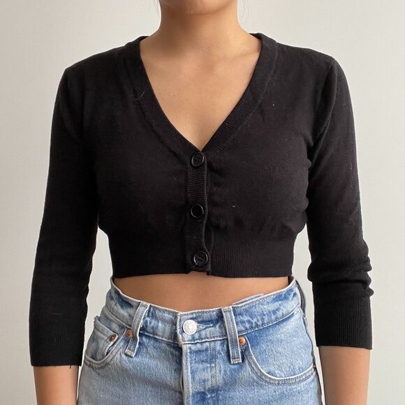 BLACK V NECK BUTTON SWEATER CARDIGAN 3/4 SLEEVE SMALL - Picture 1 of 5